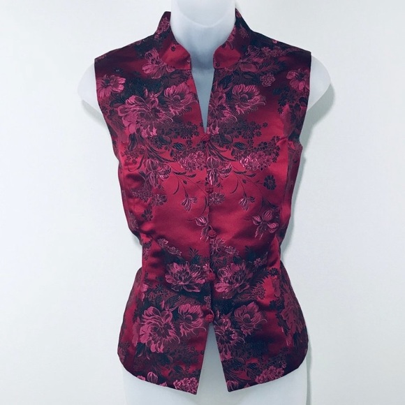 VINTAGE kimono red silky satin floral vest - Picture 3 of 5